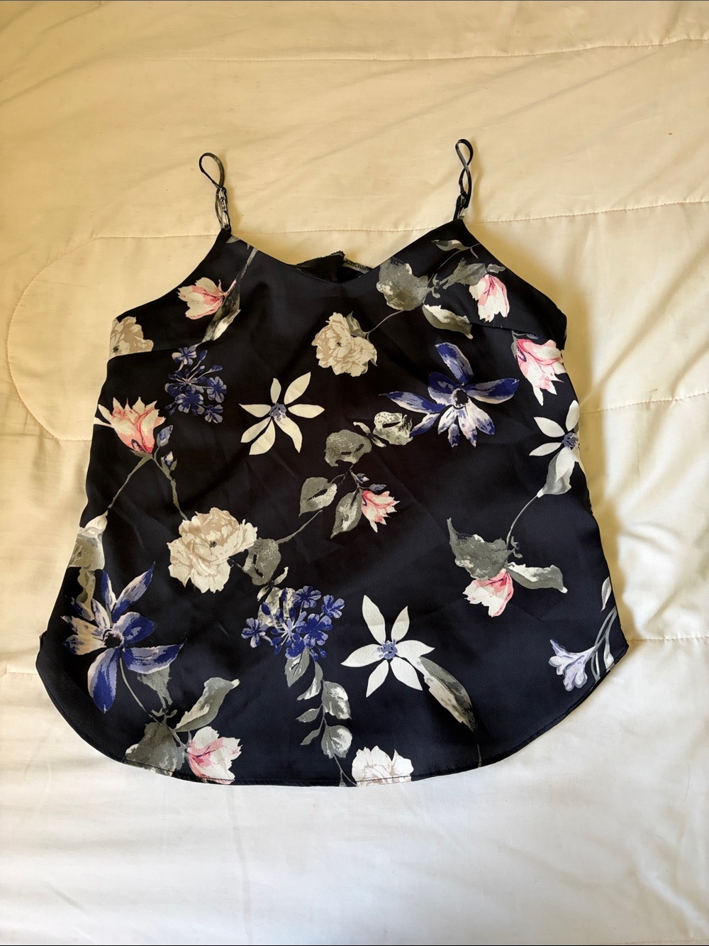 Dynamite Black Floral Satin Camisole with Pink & Blue Blooms